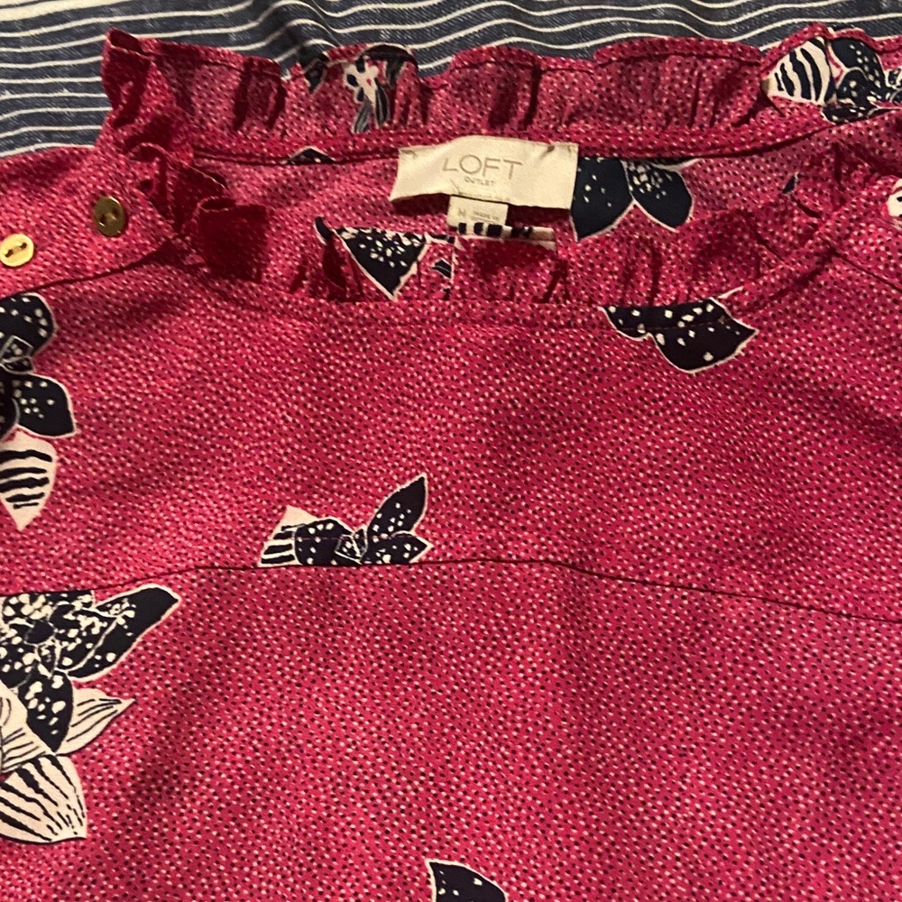 LOFT Pink Patterned Ruffle Blouse